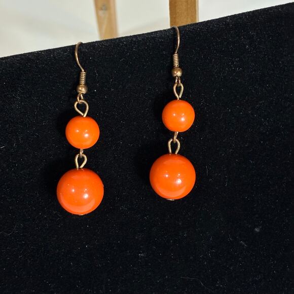 Orange Earrings Dangle Statement Hook Faux Pearls 2" Long Colorful Summer - Picture 5 of 5